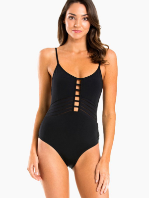 Tank Strappy Front One Piece Swimsuit - Black