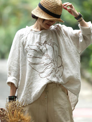 Plus Size - Embroidery Long Sleeves Autumn Loose Linen T-shirt