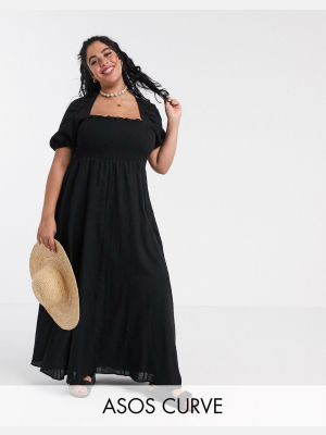 Asos Design Curve Shirred Bustier Maxi Dress With Puff Sleeve In Seersucker In Black