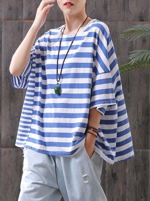Plus Size - Buykud 100% Cotton Striped Casual T-shirt