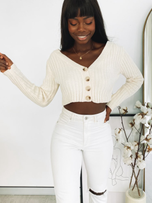 Lucy Ribbed Button Up Crop Beige