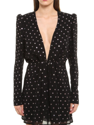 Saint Laurent Polka Dot V-neck Mini Dress