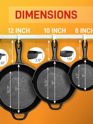 Nutrichef Heavy Duty Non Stick Pre Seasoned Cast Iron Skillet Frying Pan 3 Piece Set, 8 Inch 10 Inch 12 Inch Pans With Silicone Handles