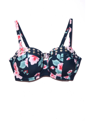 Stephanie Studded Underwire Bikini Top (curves) - Black Floral Print