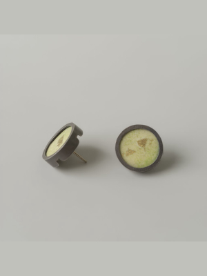 Enamel Circle Stud Earrings Pale Green/gold Leaf