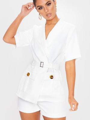 White Short Sleeve Belted Waist Blazer