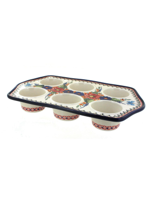Blue Rose Polish Pottery Floral Butterfly Muffin Pan