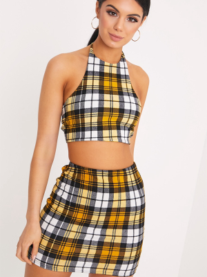 Rosa Yellow Check Print Halterneck Crop Top