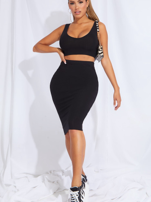 Shape Black Rib High Waist Midi Skirt