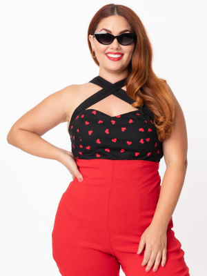 Magnolia Place Plus Size Black & Red Hearts Cross Neck Sandra Top