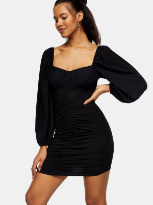 Black Ruched Mini Tea Dress