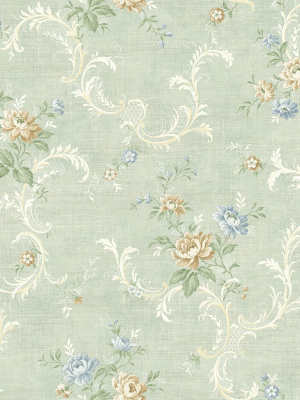 Tossed Floral Scroll Wallpaper In Vintage Blue From The Vintage Home 2 Collection By Wallquest