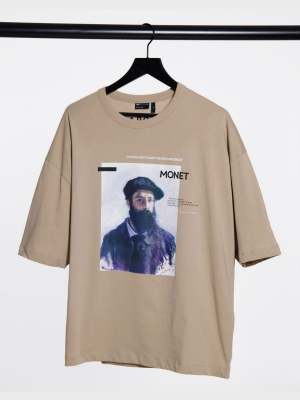 Asos Design Claude Monet Oversized T-shirt With Front Print And Bound Neck Detail In Beige