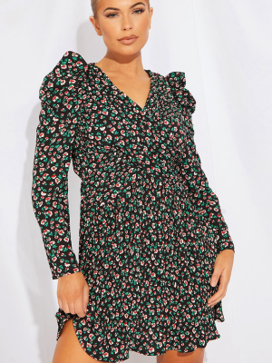 Black Floral Print Puff 3/4 Sleeve Tea Dress