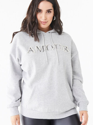 Plus Size Faux Pearl Amour Graphic Hoodie