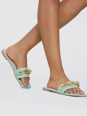 Sage Green Square Toe Chain Detail Leather Mule...