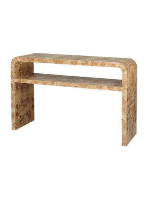 Waterfall Edge Two Tier Console Table In Burl Wood