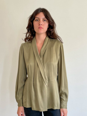 Olive Charmeuse Faux Wrap Top