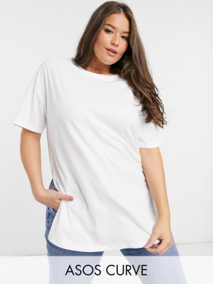 Asos Design Curve Textured Longline T-shirt With Side Splits In White