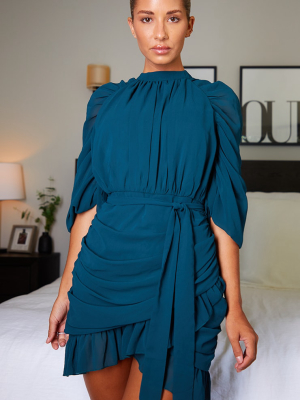 Emerald Green Chiffon Ruched Sleeves Frill Hem...