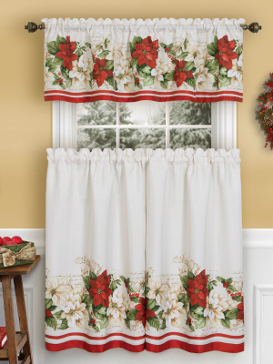 Red And White Poinsettia Elegant Holiday Kitchen Tiers And Valance - 3 Piece Set - Elrene Home Fashions