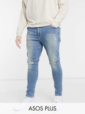 Asos Design Plus Super Skinny Jeans In Vintage Light Wash With Knee Rips