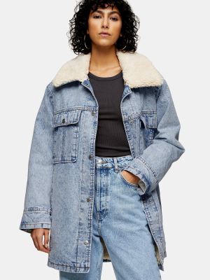 Bleach Acid Wash Borg Lined Longline Denim Coat