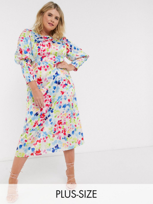 Never Fully Dressed Plus Long Shirred Sleeve Midi Dress In Contrast Neon Fleck Print