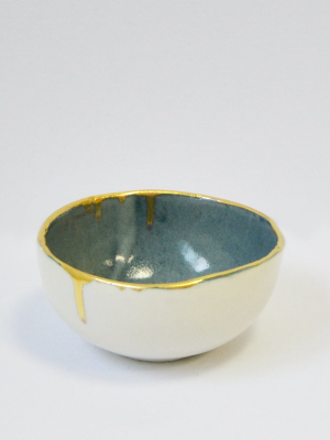 Small Porcelain Bowl In Pale Petrol With Gold Lustre Rim