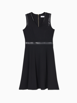 Faux Leather Trim V-neck Sleeveless Fit + Flare Dress