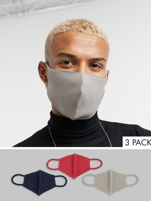 Asos Design 3 Pack Organic Cotton Jersey Face Coverings In Navy And Red Tones