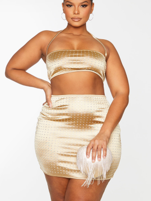 Plus Nude Disco Diamante Halterneck Crop Top