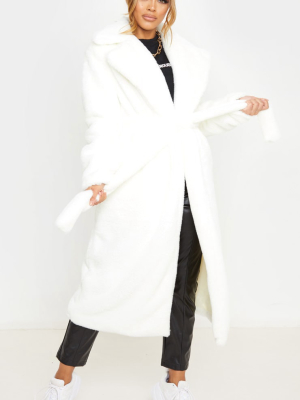 Petite Cream Belted Faux Fur Coat