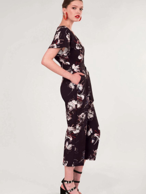 Black Floral Wrap Over Tie Front Jumpsuit