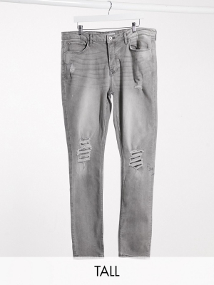 Topman Big & Tall Skinny Jeans With Distressed Rips In Gray