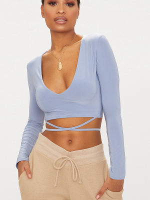 Powder Blue Slinky Long Sleeve Tie Waist Crop Top