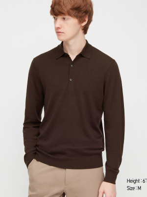 Men Extra Fine Merino Knit Long-sleeve Polo Shirt