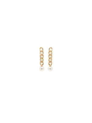 14k Small Curb Chain Drop Earrings With Tiny Pearls