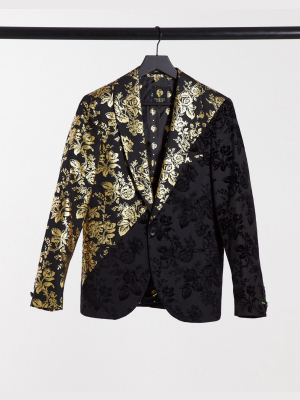 Twisted Tailor Suit Jacket With Diagonal Gold Panel In Black Floral Flock