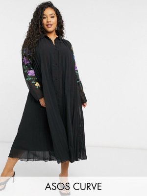 Asos Design Curve Pleated Midi Shirt Dress With Embroidered Sleeves In Black