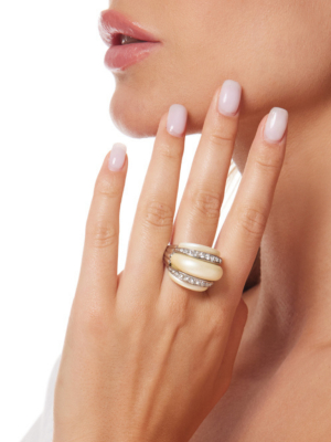Silver With Double Crystal Band White Pearl Ring
