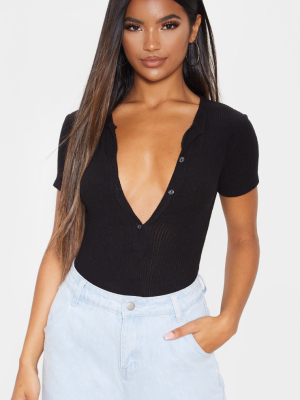 Black Brushed Rib Button Short Sleeve Bodysuit