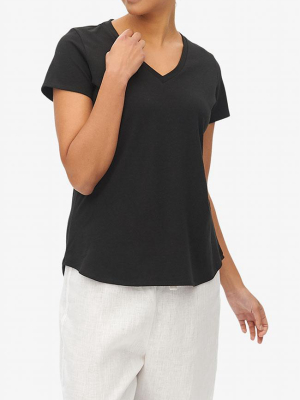 Short Sleeve V Neck T-shirt Black Stretch Jersey