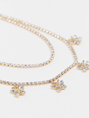 Asos Design Necklace In Crystal Cupchain With Butterfly Pendants In Gold Tone