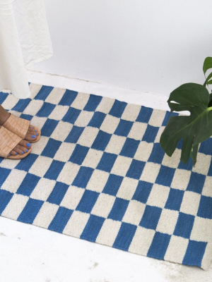 Zapotec Checkered Wool Rug - Blue + Ivory