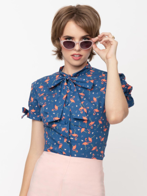 Magnolia Place Blue & Pink Flamingo Print Eleanor Top