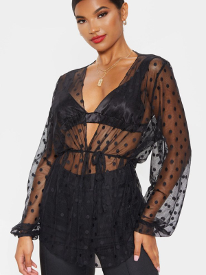 Black Mesh Polka Dot Tie Front Blouse