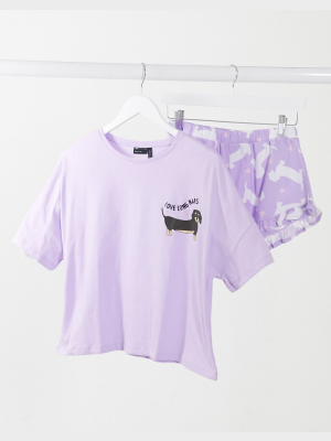 Asos Design Wiener Dog Tee & Short Pajama Set In Lilac