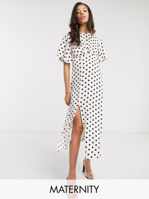 Queen Bee Maternity Midi Dress With Angel Sleeve In Mono Polka Print