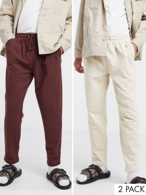 Asos Design Pleated Jersey Sweatpants 2 Pack In Beige/brown